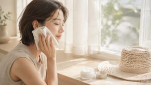 夏の光が入る窓辺で、冷たいタオルを頬に当てて涼んでいる女性。手前に保湿クリームと麦わら帽子