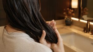 お風呂上がりに洗面台でヘアオイルを髪の毛先になじませている女性の手元