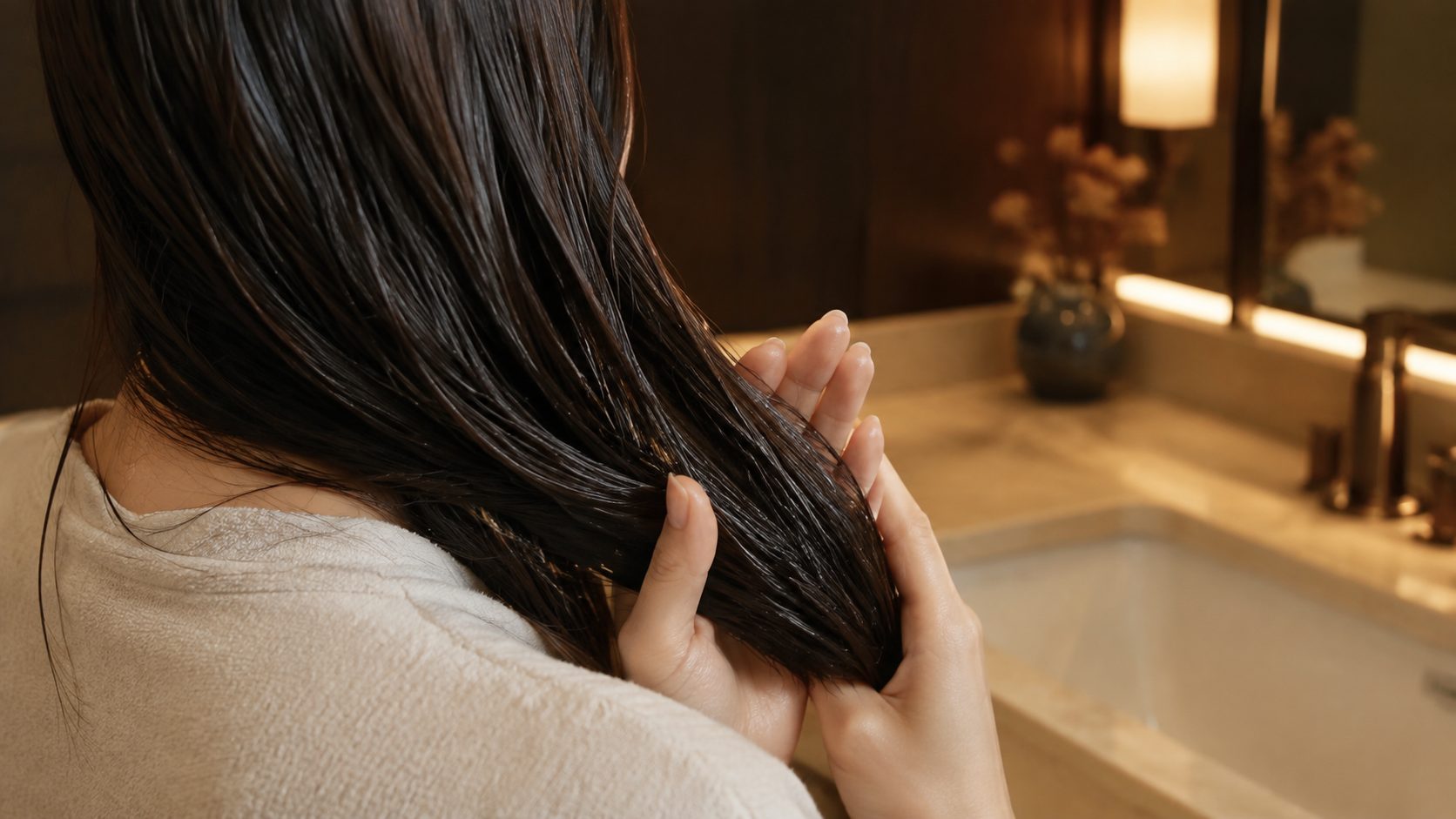 お風呂上がりに洗面台でヘアオイルを髪の毛先になじませている女性の手元