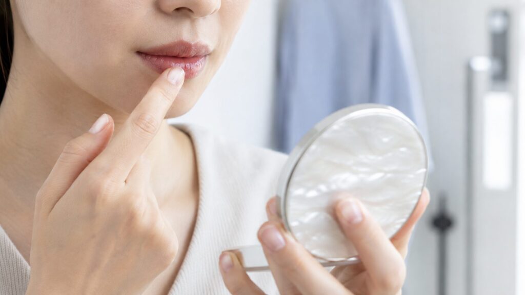 コンパクトミラーを見ながら指先でリップクリームを唇になじませている女性の口元