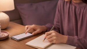 夜、ベッドサイドで生理管理アプリのカレンダーを確認しながら手帳に記録している女性の手元