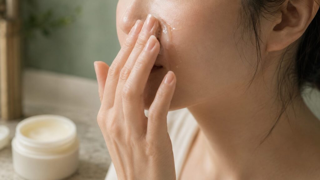 洗面台でクレンジングバームを指先で頬から小鼻になじませている女性のクローズアップ