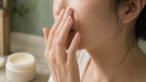 洗面台でクレンジングバームを指先で頬から小鼻になじませている女性のクローズアップ