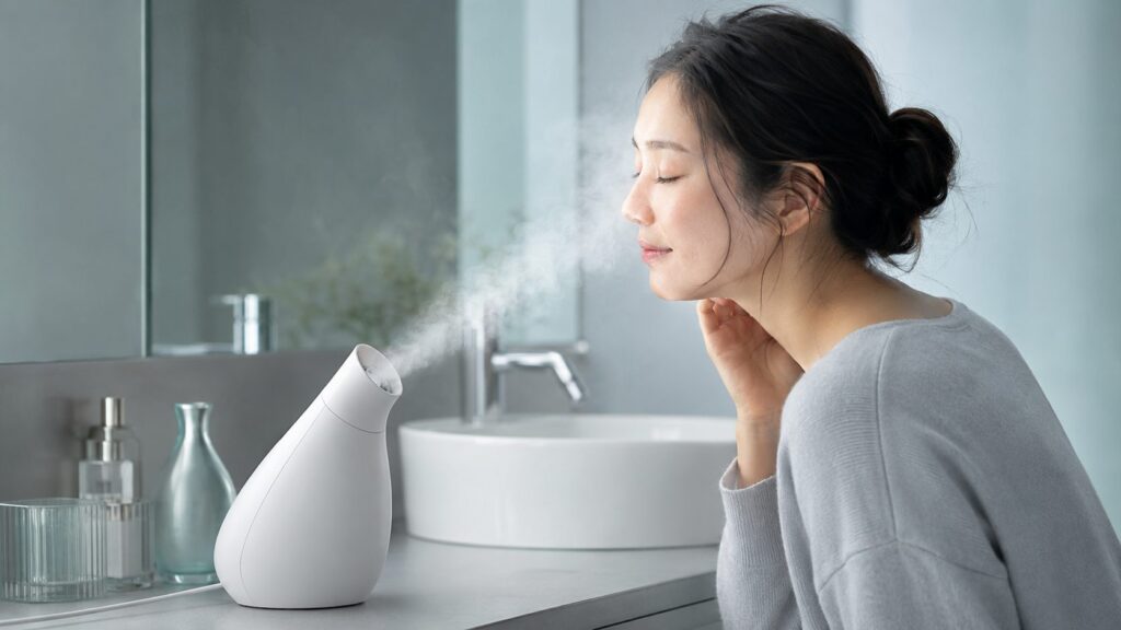 洗面台でスチーム美顔器のミストを顔に浴びている女性の横顔
