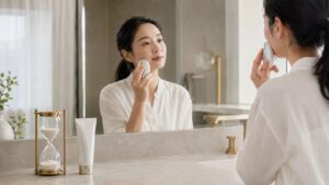 洗面所の鏡の前で小型の美顔器を頬に当て、手前の砂時計で時間を計っている女性