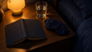 夜のベッドサイドテーブルに置かれた読みかけの本とアイマスク、水の入ったグラスを間接照明が照らしている