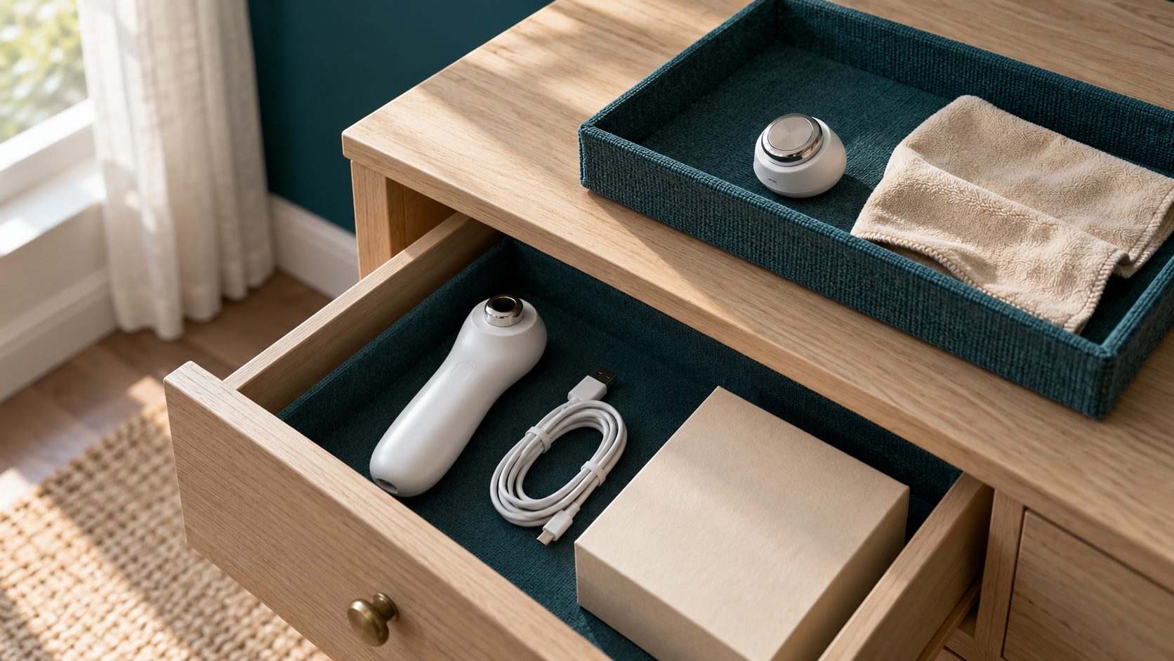 明るい部屋の木製のチェスト。少し開けた引き出しの中に白いハンディ美顔器と巻いた充電ケーブル、無地の紙箱が収まり、天板の上の布張りのトレイには美顔器のヘッドとたたんだタオルが置かれている