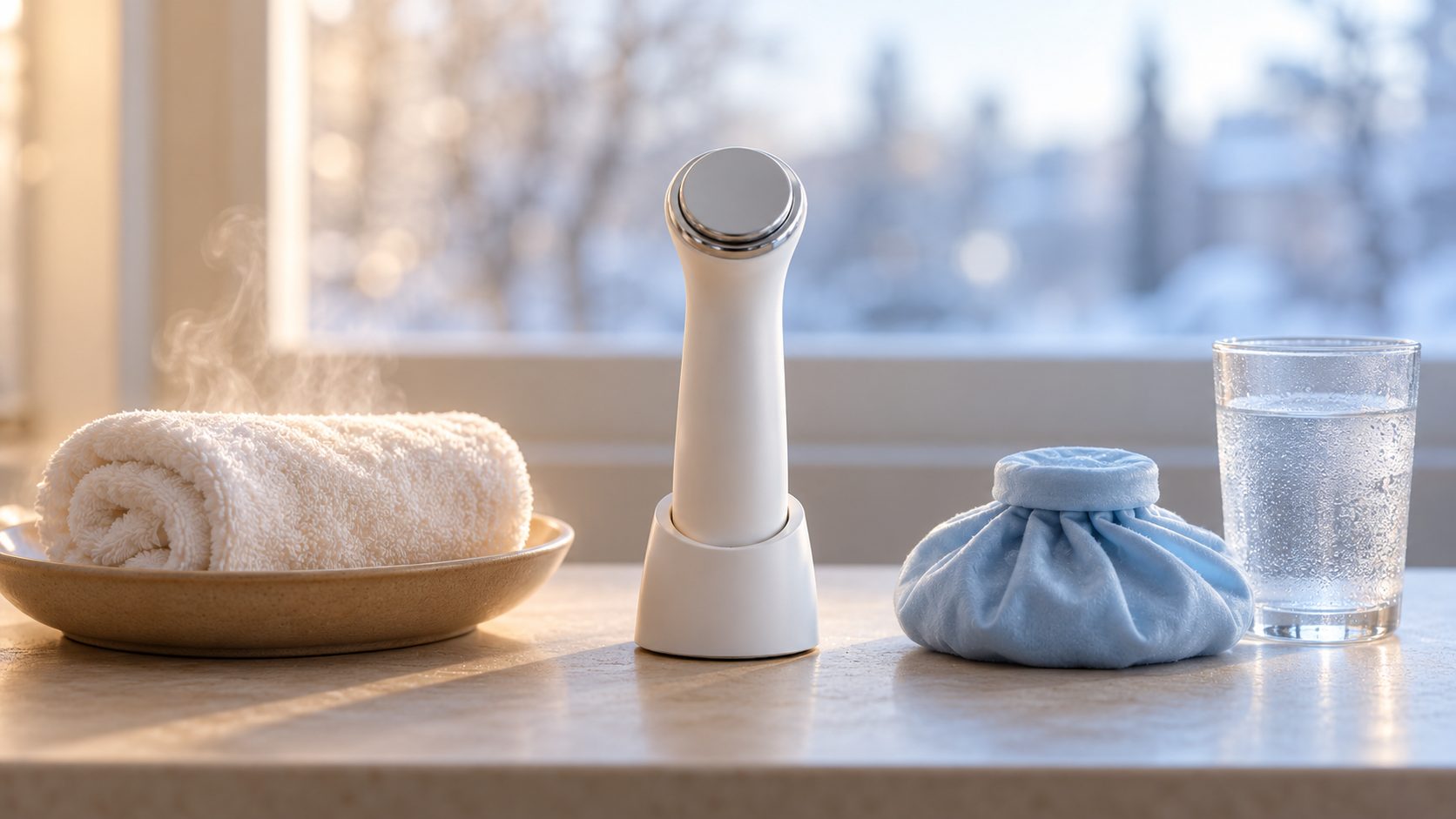 雪景色の見える冬の窓辺のカウンター。左に湯気の立つ丸めた白いタオルをのせた陶器の皿、中央にスタンドに立てた白いハンディ美顔器、右に水色の布の保冷バッグと水滴のついたガラスのコップが並んでいる